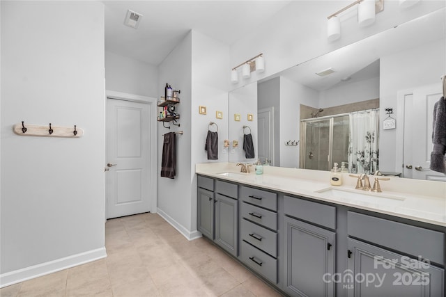 full bathroom featuring double vanity, a sink, visible vents, and a stall shower