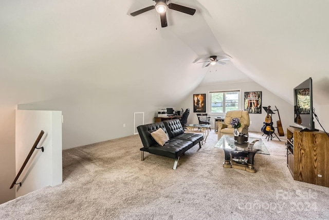 living area with vaulted ceiling, ceiling fan, and light carpet