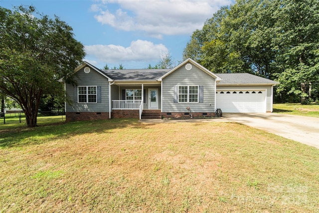 ranch-style home with a garage, a porch, and a front lawn