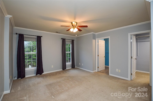 unfurnished bedroom featuring ceiling fan, light carpet, ornamental molding, and multiple windows