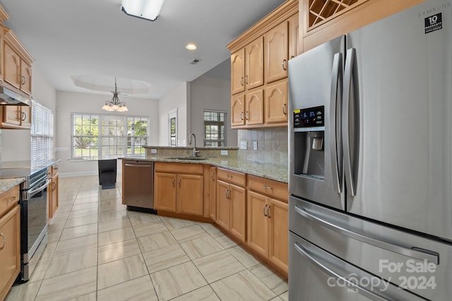 kitchen featuring a notable chandelier, a peninsula, backsplash, stainless steel appliances, and a sink