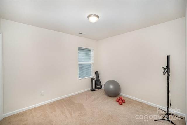 exercise room featuring light colored carpet