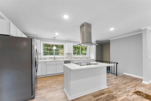 kitchen with backsplash, stainless steel appliances, a center island, white cabinets, and island exhaust hood