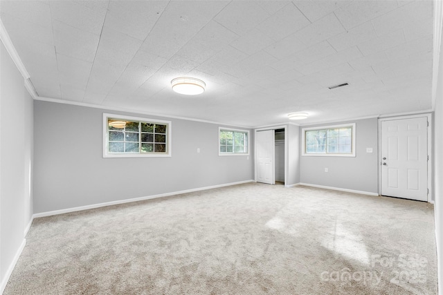 interior space featuring crown molding and carpet floors