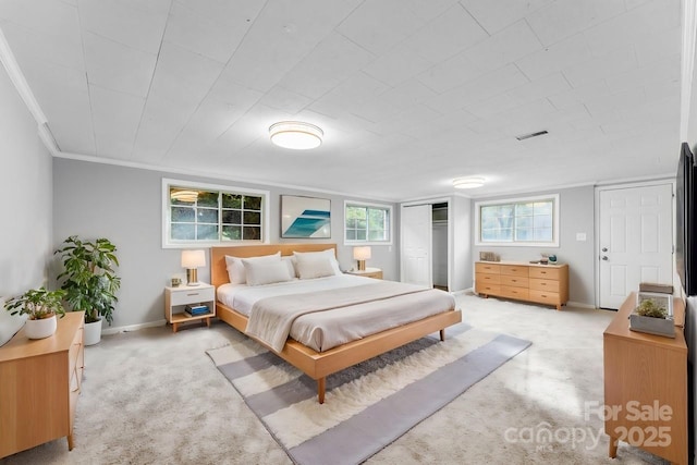 carpeted bedroom with crown molding, a closet, and multiple windows