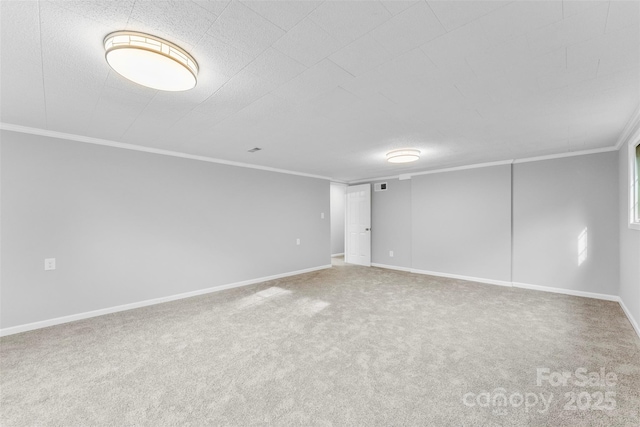 unfurnished room with crown molding, a textured ceiling, and carpet flooring