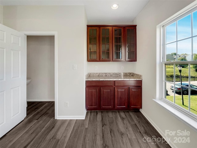 bar featuring light stone counters, a healthy amount of sunlight, and dark hardwood / wood-style flooring