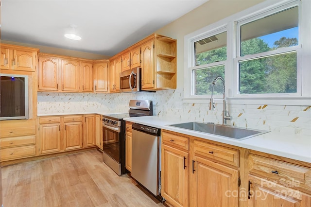 kitchen featuring appliances with stainless steel finishes, sink, light hardwood / wood-style flooring, and a wealth of natural light