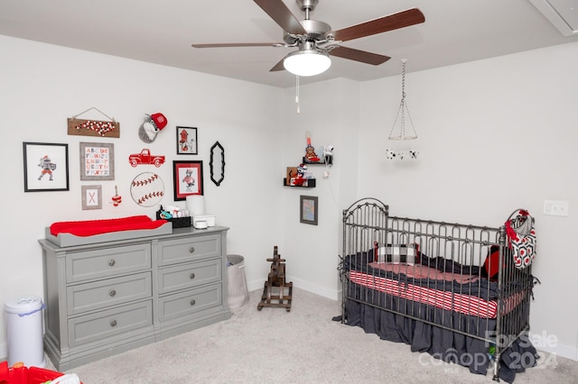 bedroom featuring carpet and ceiling fan