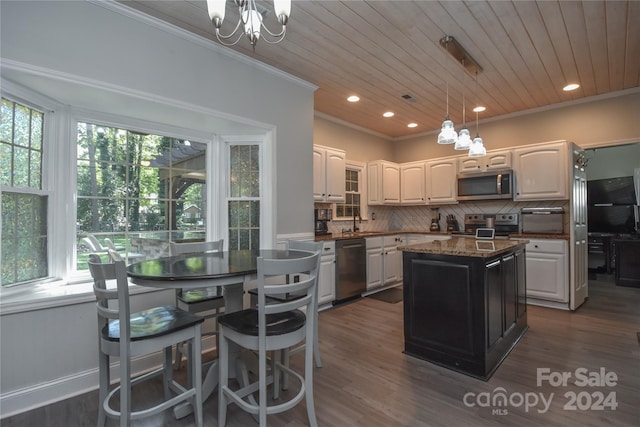 kitchen featuring a kitchen island, white cabinets, wood ceiling, and appliances with stainless steel finishes