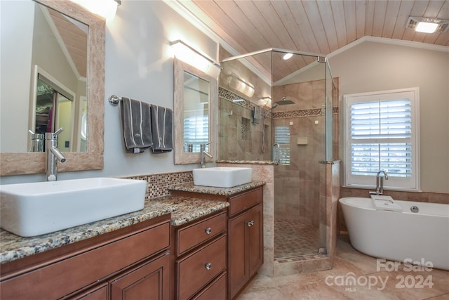 bathroom featuring separate shower and tub, vanity, wood ceiling, and vaulted ceiling