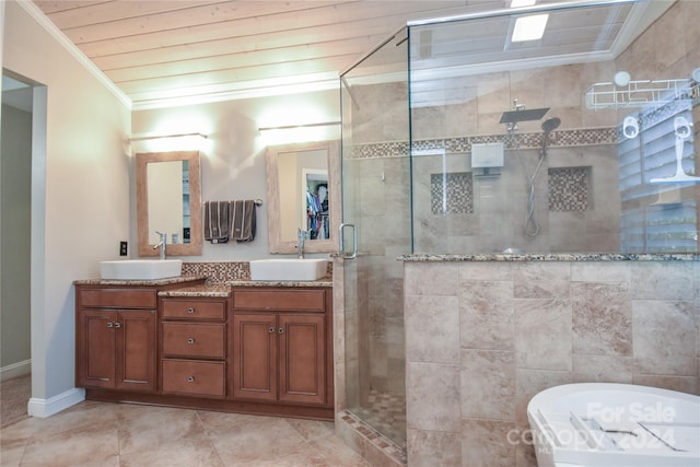 bathroom with tile patterned flooring, lofted ceiling, a shower with door, vanity, and wood ceiling