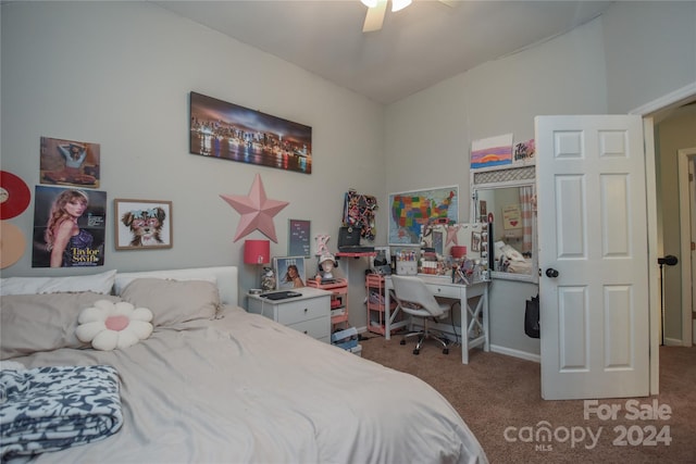 bedroom with ceiling fan and carpet floors