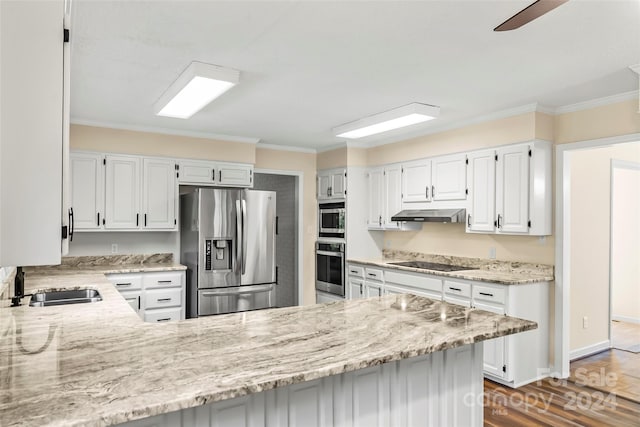 kitchen featuring light stone counters, white cabinets, appliances with stainless steel finishes, and dark hardwood / wood-style flooring