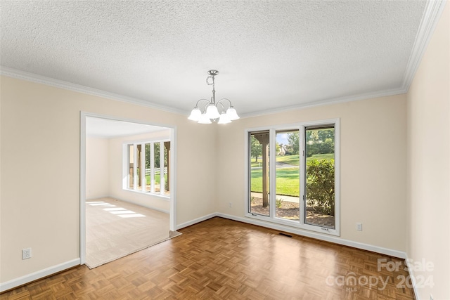 unfurnished dining area featuring parquet floors, crown molding, a chandelier, and a textured ceiling