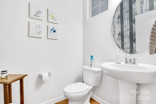 bathroom with toilet and hardwood / wood-style floors