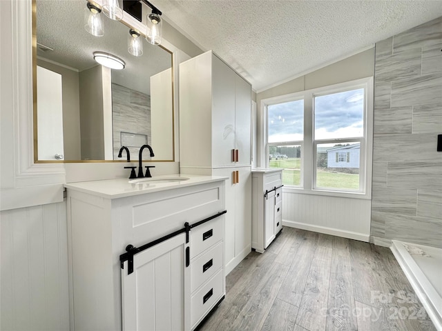 bathroom featuring vanity, a textured ceiling, walk in shower, lofted ceiling, and hardwood / wood-style floors