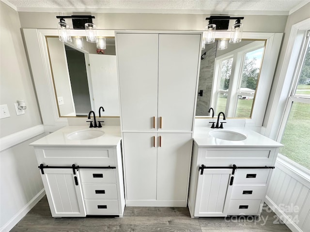 bathroom with vanity, hardwood / wood-style floors, and a textured ceiling