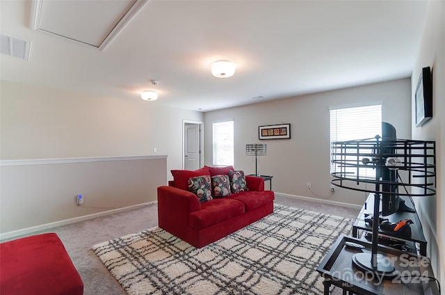 living room with light colored carpet