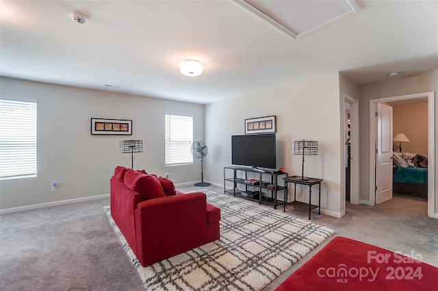 living room with light colored carpet