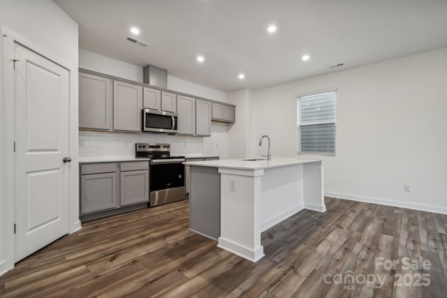 kitchen featuring a center island with sink, gray cabinets, sink, and appliances with stainless steel finishes