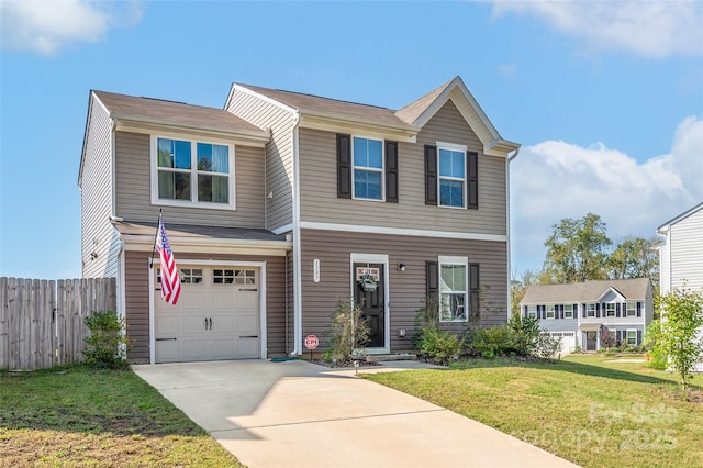 view of front facade featuring a front yard, concrete driveway, fence, and an attached garage