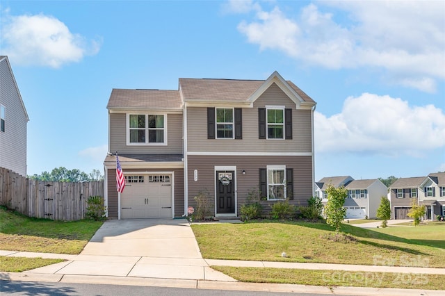 view of front of house with a garage, concrete driveway, a front lawn, and fence