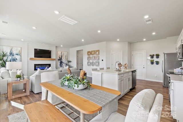 kitchen with stainless steel appliances, sink, wood-type flooring, a fireplace, and an island with sink