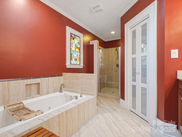 bathroom featuring crown molding, tile patterned flooring, vanity, french doors, and shower with separate bathtub