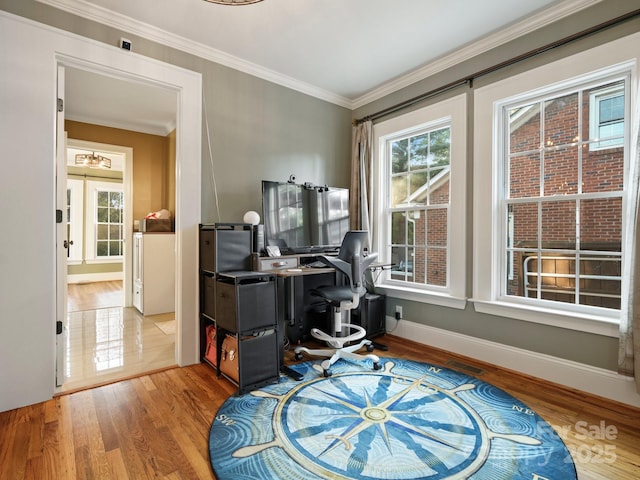 home office with crown molding and hardwood / wood-style flooring