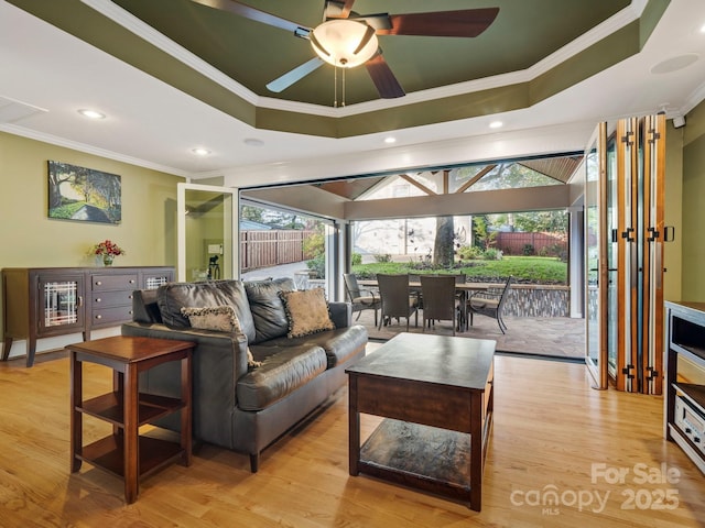 living room with a healthy amount of sunlight, ceiling fan, and a tray ceiling