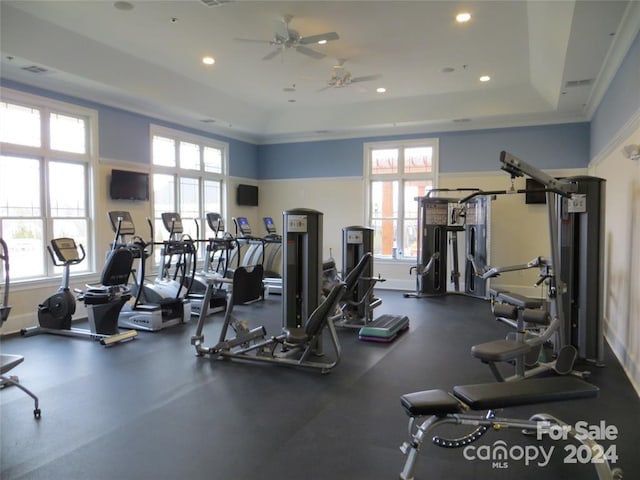 workout area featuring ceiling fan, a wealth of natural light, and a tray ceiling