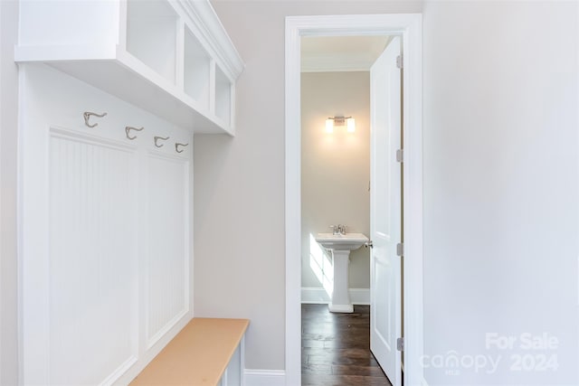 mudroom featuring baseboards and dark wood finished floors
