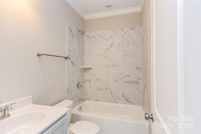 full bathroom featuring ornamental molding, vanity, toilet, and tiled shower / bath combo