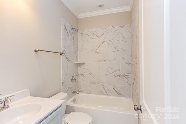 bathroom featuring vanity, ornamental molding, toilet, and shower / washtub combination