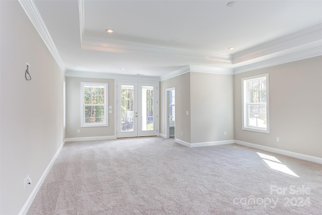 carpeted spare room with french doors, a tray ceiling, and ornamental molding