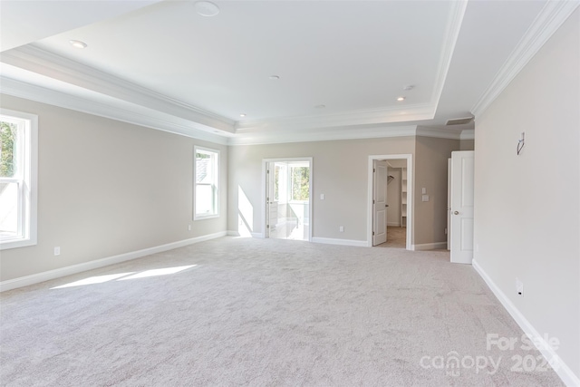 empty room featuring light colored carpet, a raised ceiling, plenty of natural light, and crown molding