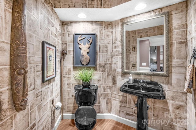 bathroom with wood-type flooring and a textured ceiling