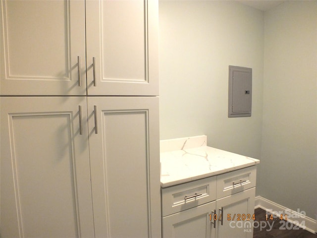 bathroom featuring electric panel and vanity