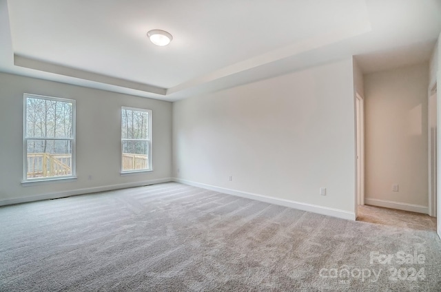 carpeted empty room featuring a raised ceiling