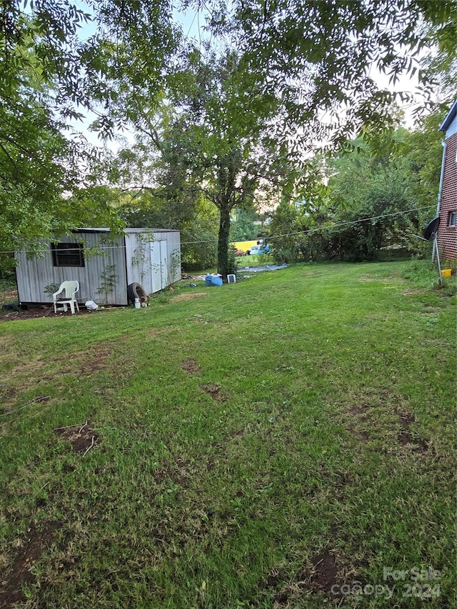 view of yard featuring a storage unit