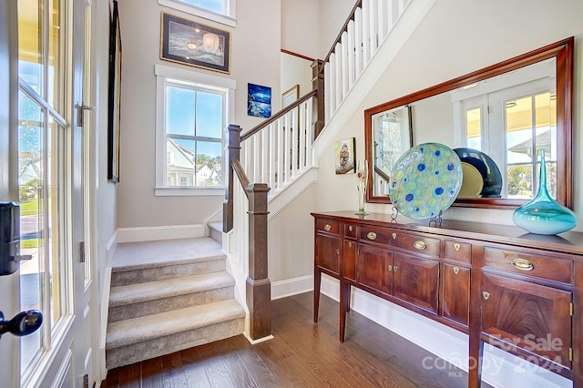 stairway with a wealth of natural light and hardwood / wood-style floors