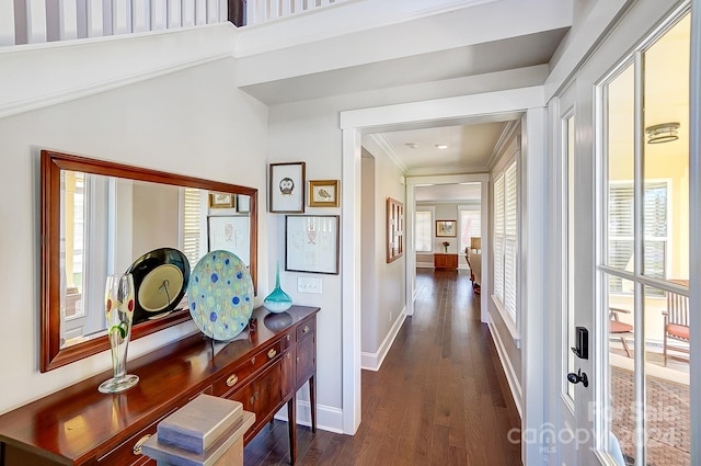 hall with crown molding and dark wood-type flooring