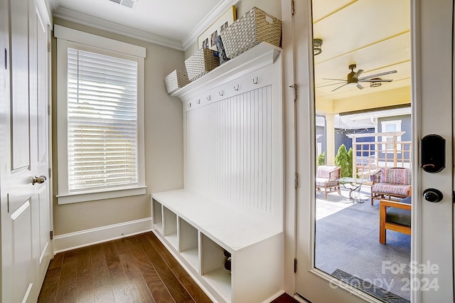 mudroom with dark wood-type flooring, ornamental molding, a wealth of natural light, and ceiling fan