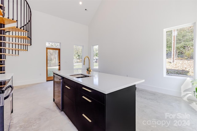 kitchen featuring high vaulted ceiling, a wealth of natural light, a center island with sink, and sink