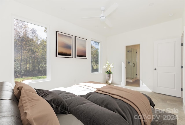 bedroom with ceiling fan and ensuite bath