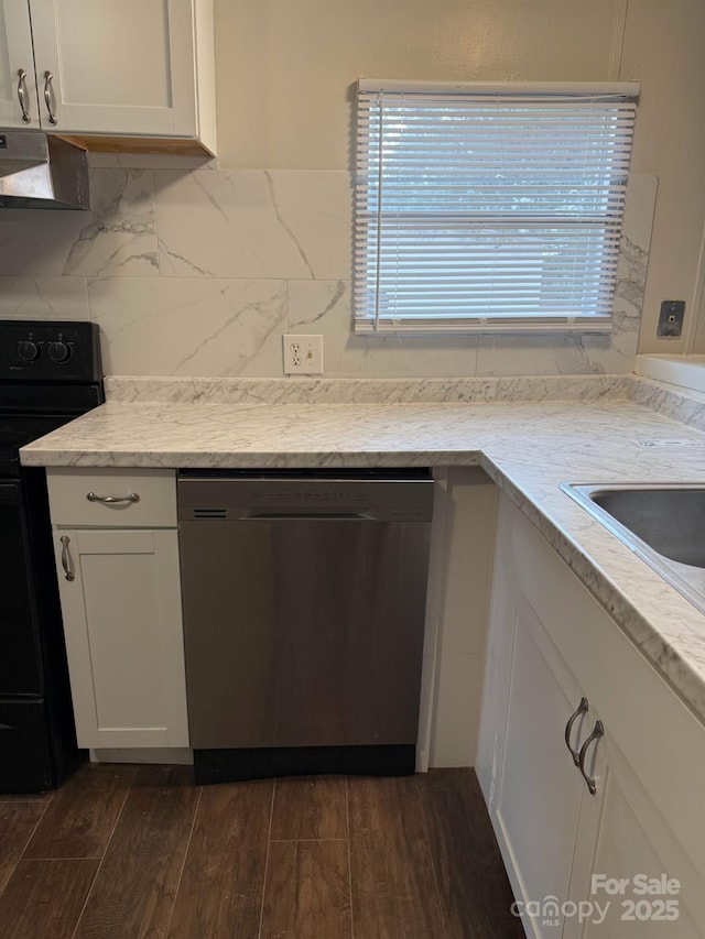 kitchen featuring dishwasher, white cabinets, decorative backsplash, electric range, and wall chimney exhaust hood