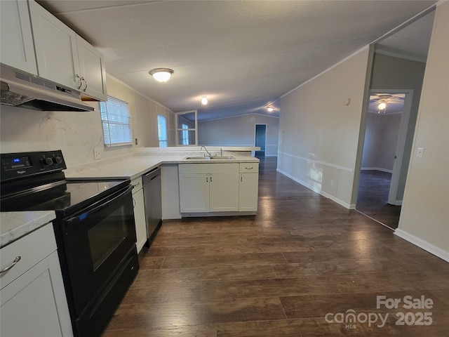kitchen featuring dishwasher, a sink, a peninsula, under cabinet range hood, and black range with electric stovetop