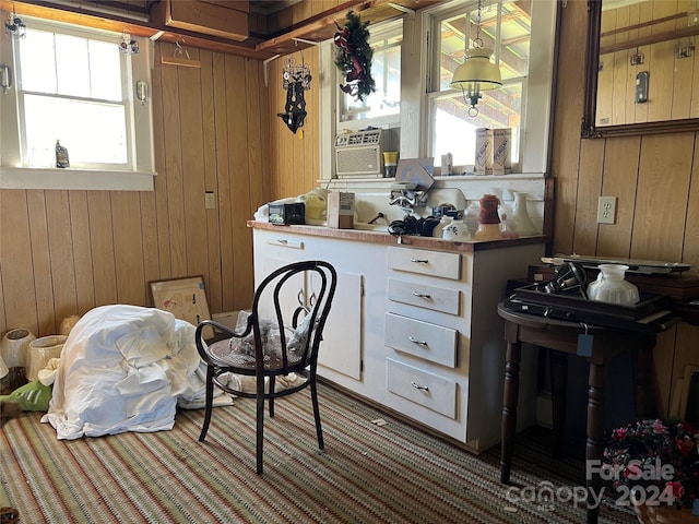 office with cooling unit, plenty of natural light, and wood walls