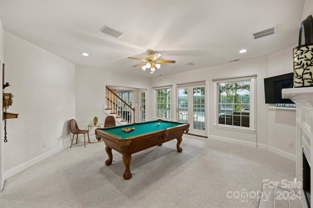 rec room with ceiling fan, light carpet, and pool table